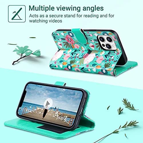 ULAK Mint Floral Wallet Case for iPhone 13 Pro Max 6.7" | Card Holder Flip Cover with Kickstand thumbnail 7