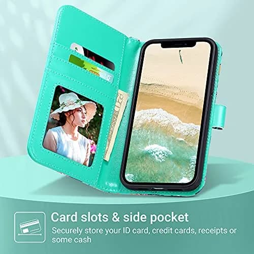 ULAK Mint Floral Wallet Case for iPhone 13 Pro Max 6.7" | Card Holder Flip Cover with Kickstand thumbnail 2