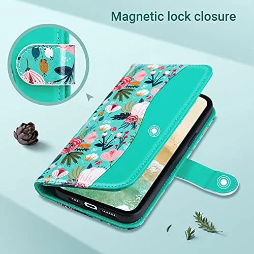 ULAK Mint Floral Wallet Case for iPhone 13 Pro Max 6.7" | Card Holder Flip Cover with Kickstand thumbnail 3