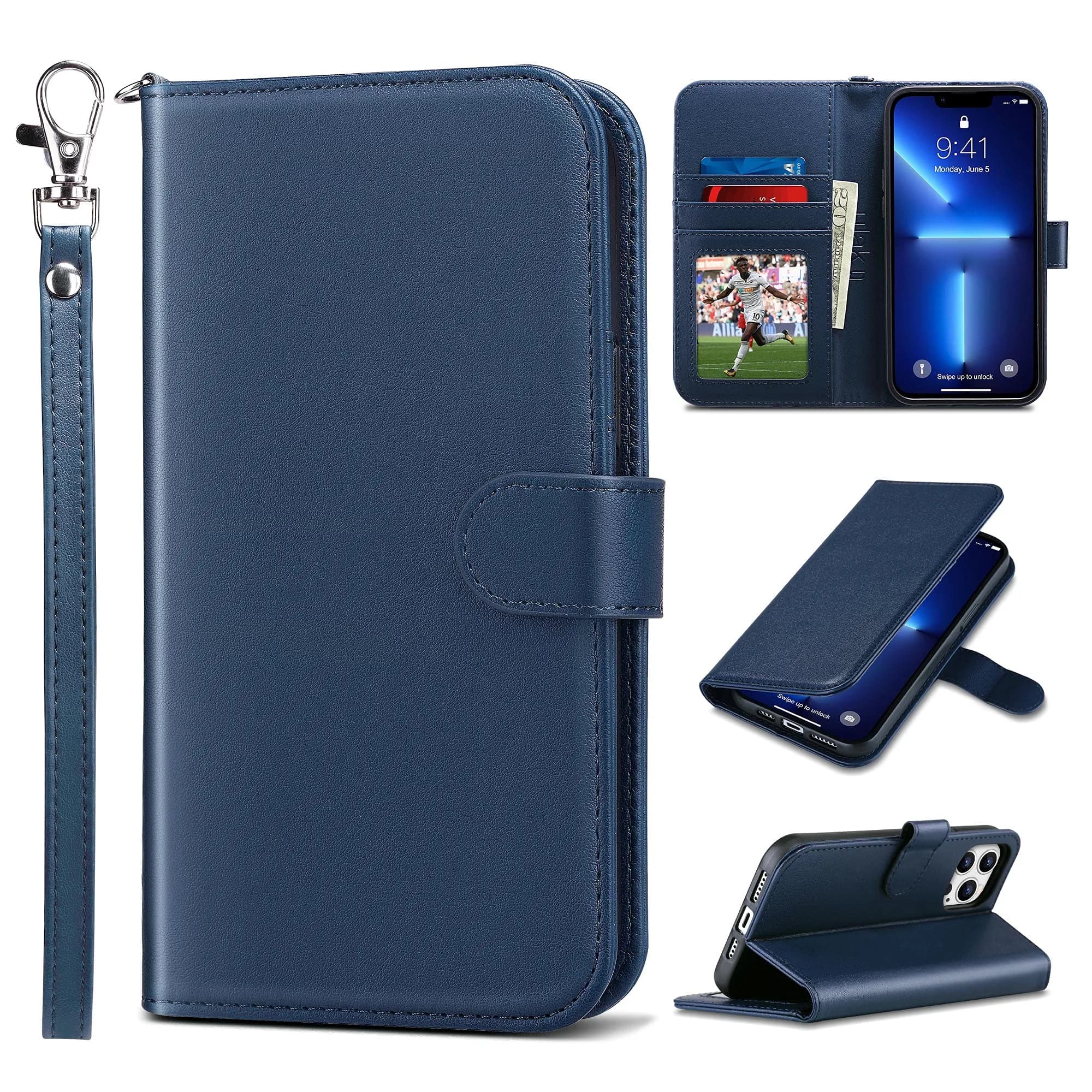 ULAK Mint Floral Wallet Case for iPhone 13 Pro Max 6.7" | Card Holder Flip Cover with Kickstand — Navy / iPhone 13 Pro Max - 6.7 inch