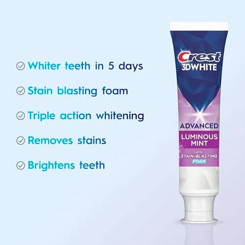 Crest 3D White Advanced Luminous Mint Toothpaste 105ml (3.7 oz) | Removes 90% More Stains thumbnail 2