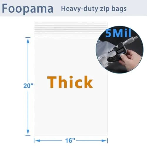 Foopama 5 Mil Thick Clear Zip Lock Plastic Bags 41cm x 30cm (16"x 20") | Heavy Duty Reclosable Packaging for Storage & Shipping thumbnail 3