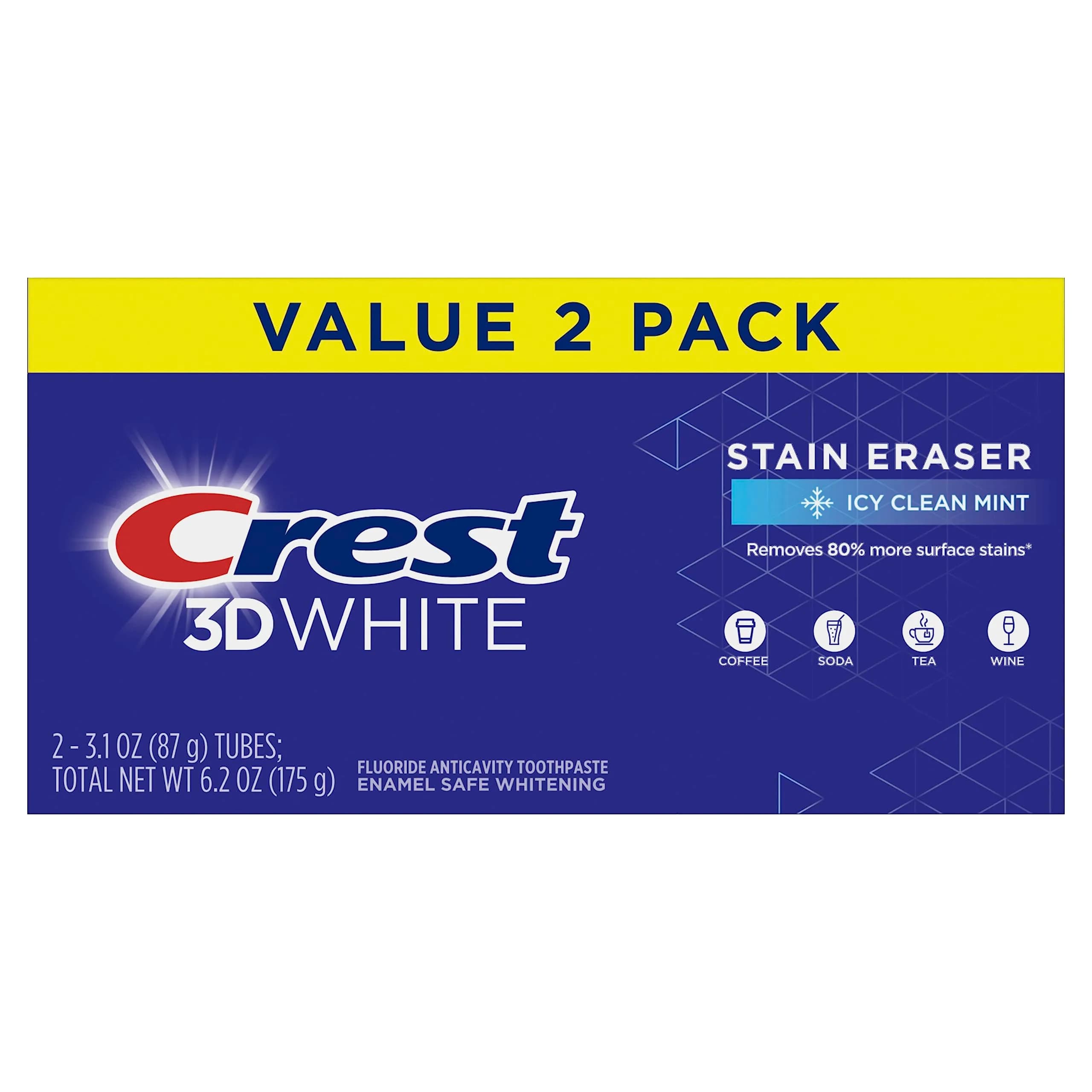 Crest 3D White Stain Eraser Toothpaste, ICY Clean Mint, 6.2 oz (176 g) | Removes 80% Surface Stains - main product image