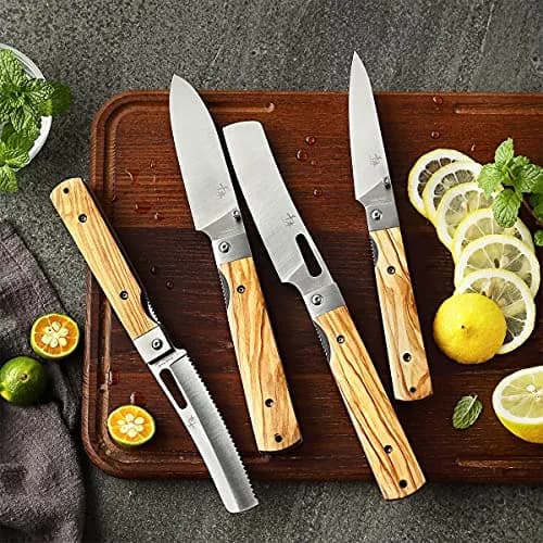 SENBON 4-Piece Folding Pocket Knife Set 20.3 cm (8 inches) | Forged 440A Stainless Steel Blades with Olive Wood Handles thumbnail 5