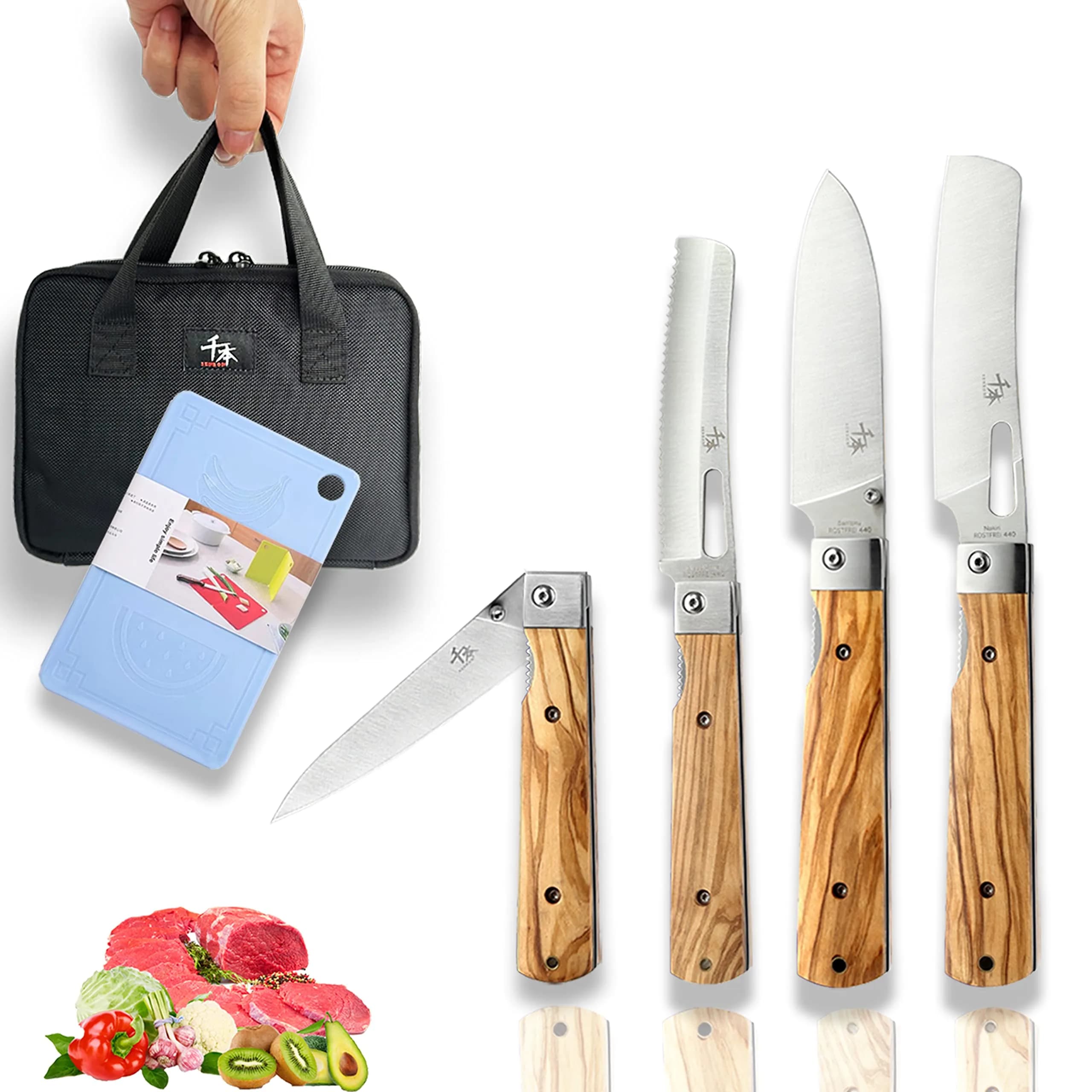 SENBON 4-Piece Folding Pocket Knife Set 20.3 cm (8 inches) | Forged 440A Stainless Steel Blades with Olive Wood Handles - main product image
