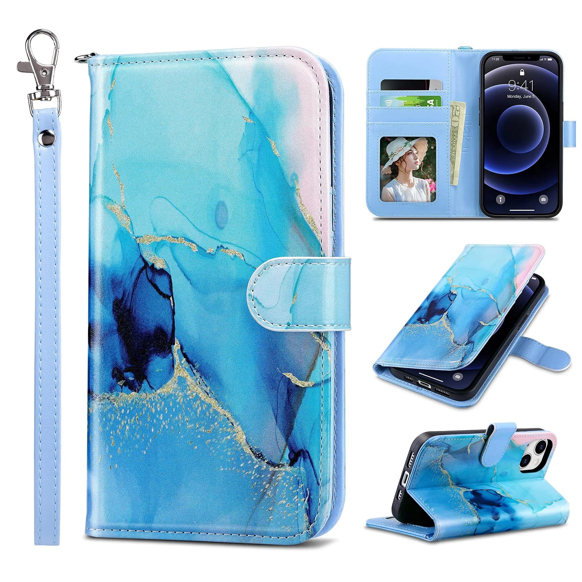 ULAK Wallet Case for iPhone 13 6.1 inch | Premium PU Leather Flip Cover with Card Slots & Kickstand — Marble