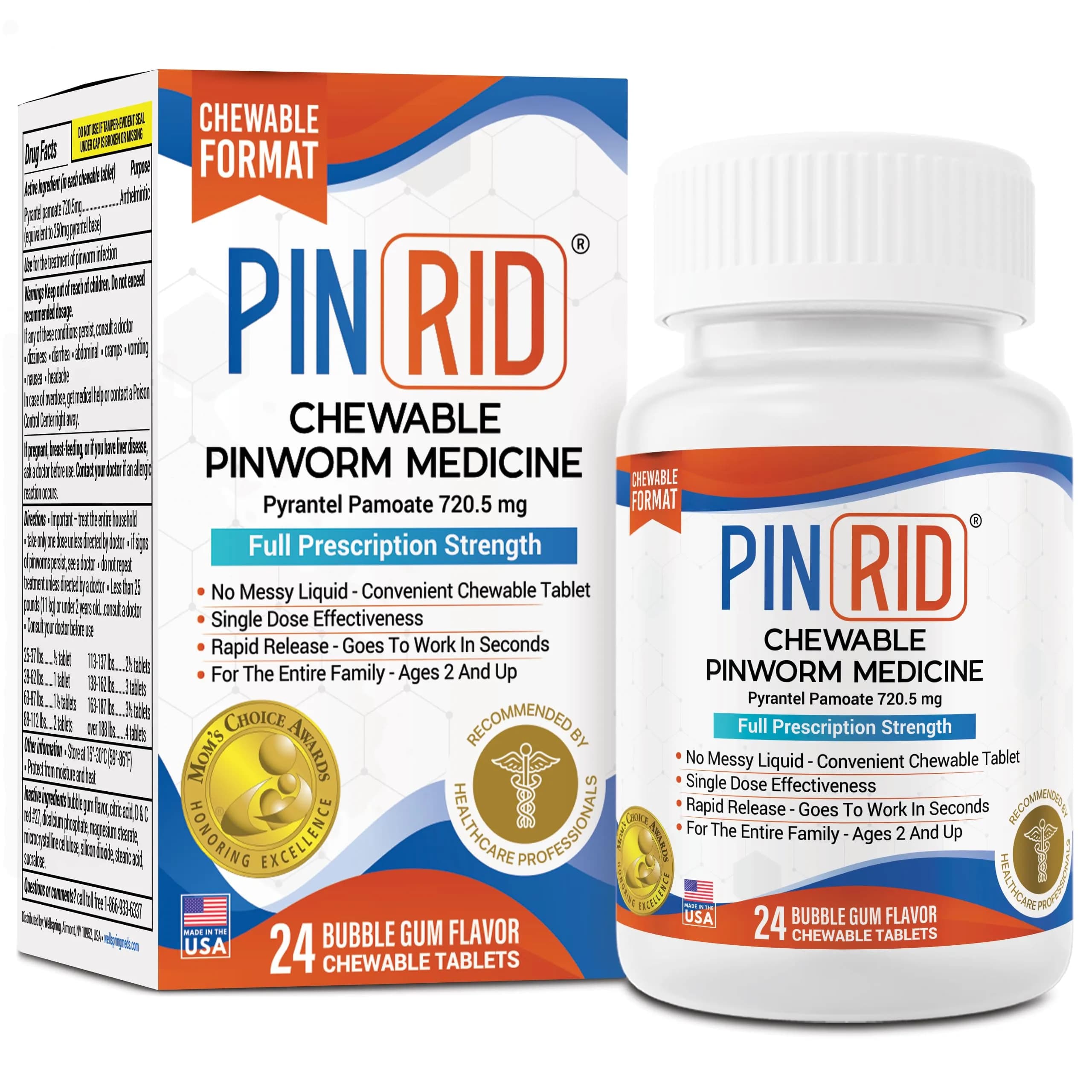 PIN RID Pyrantel Pamoate 250mg Chewable Tablets for Pinworm Relief | Tasty Bubblegum Flavor, 24 Count