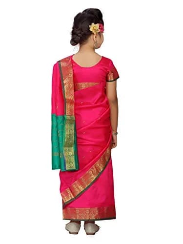 Aarika Girl's Pure Silk Saree with Blouse, Rani Pink, 5-6 Years | Party Wear Traditional Indian Outfit thumbnail 4