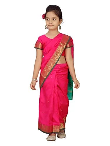 Aarika Girl's Pure Silk Saree with Blouse, Rani Pink, 5-6 Years | Party Wear Traditional Indian Outfit thumbnail 1