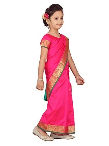 Aarika Girl's Pure Silk Saree with Blouse, Rani Pink, 5-6 Years | Party Wear Traditional Indian Outfit thumbnail 2