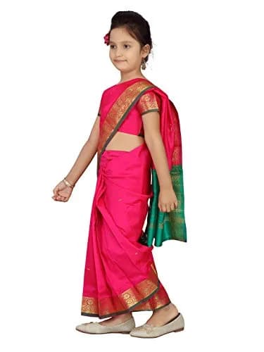 Aarika Girl's Pure Silk Saree with Blouse, Rani Pink, 5-6 Years | Party Wear Traditional Indian Outfit thumbnail 3