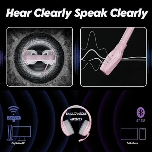 NUBWO G06 Dual Wireless Gaming Headset with Mic for PS5, PS4, PC, Mobile, Switch | 2.4GHz Wireless + Bluetooth - 100 Hr Battery - Pink thumbnail 8