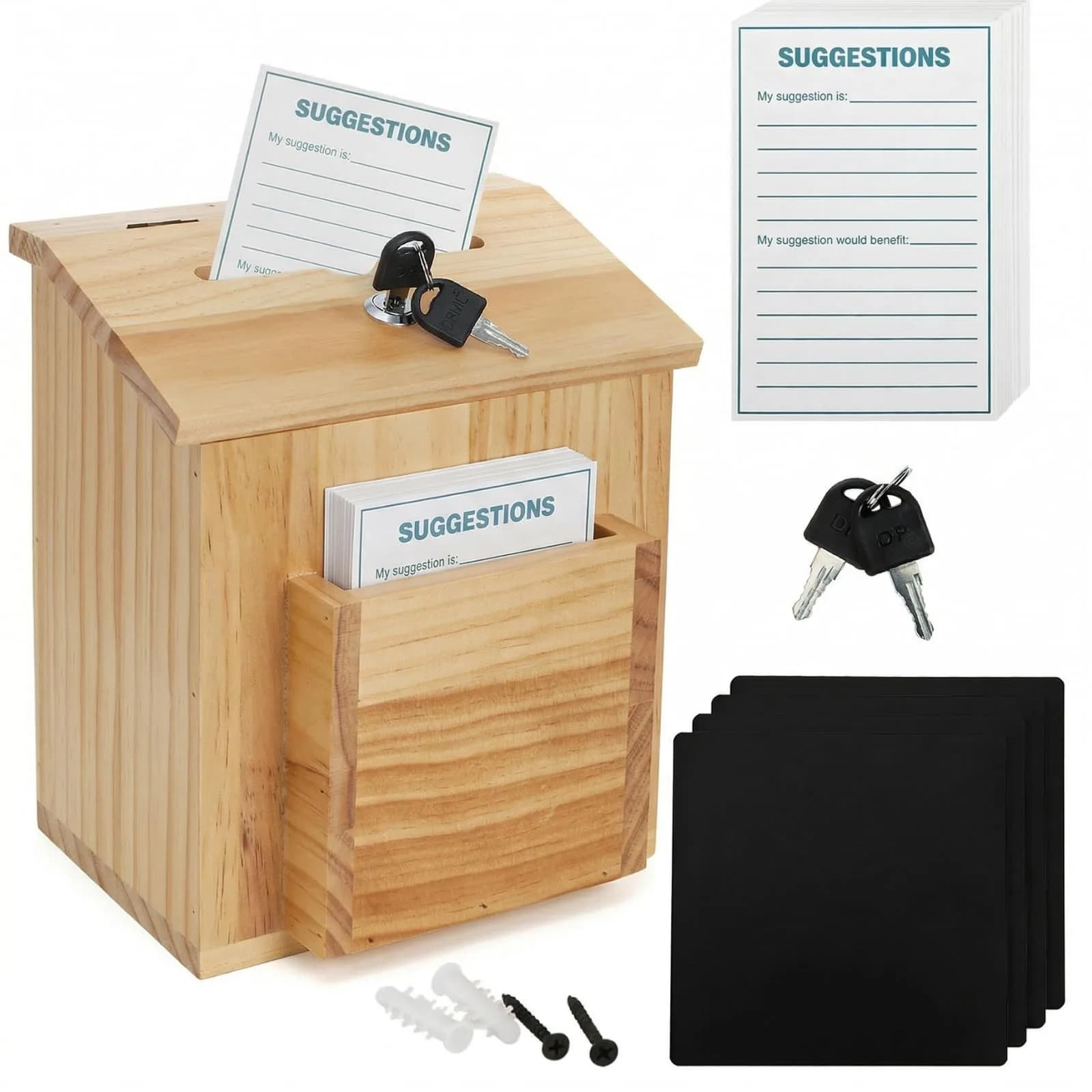 ZENFUN Natural Safe Suggestion Box with Lock & 50 Cards | 25cm (10") Height - main product image