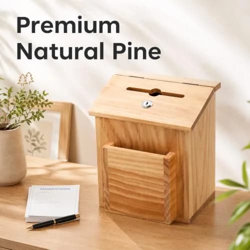 ZENFUN Natural Safe Suggestion Box with Lock & 50 Cards | 25cm (10") Height thumbnail 4