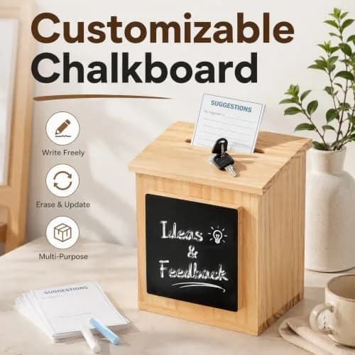 ZENFUN Natural Safe Suggestion Box with Lock & 50 Cards | 25cm (10") Height thumbnail 5