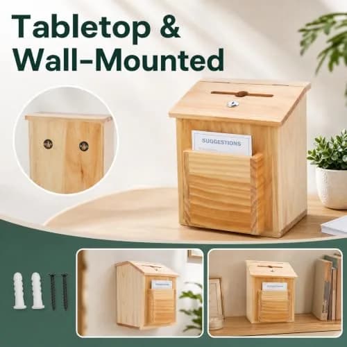 ZENFUN Natural Safe Suggestion Box with Lock & 50 Cards | 25cm (10") Height thumbnail 6
