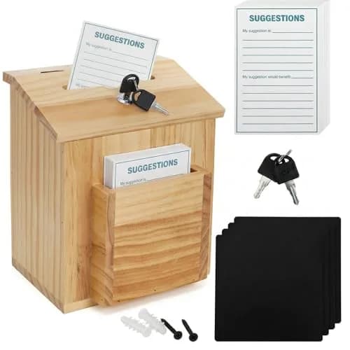 ZENFUN Natural Safe Suggestion Box with Lock & 50 Cards | 25cm (10") Height thumbnail 1