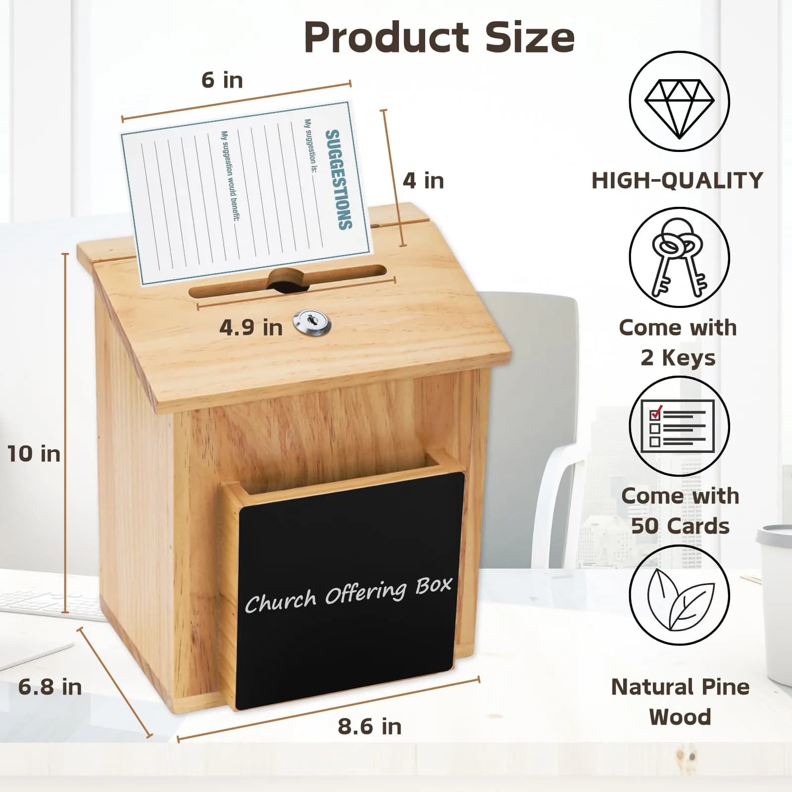 ZENFUN Natural Safe Suggestion Box with Lock & 50 Cards | 25cm (10") Height - view 2