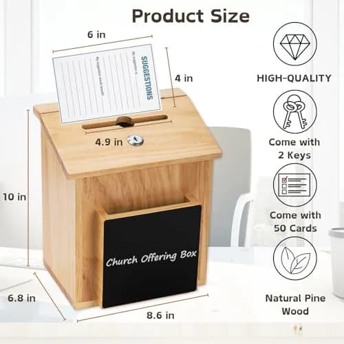 ZENFUN Natural Safe Suggestion Box with Lock & 50 Cards | 25cm (10") Height thumbnail 2