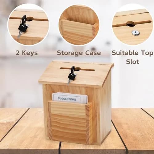 ZENFUN Natural Safe Suggestion Box with Lock & 50 Cards | 25cm (10") Height thumbnail 3