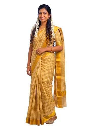 YETTALAN Kerala Traditional Cotton Checked Sari with Gold Jari Blouse 6.25m (20.5 ft) thumbnail 4