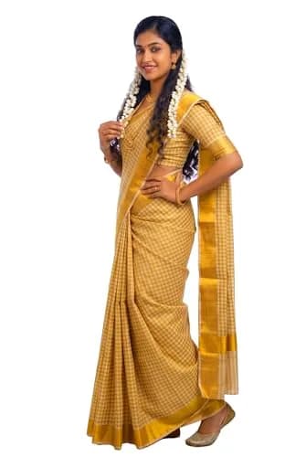 YETTALAN Kerala Traditional Cotton Checked Sari with Gold Jari Blouse 6.25m (20.5 ft) thumbnail 5