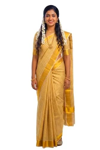 YETTALAN Kerala Traditional Cotton Checked Sari with Gold Jari Blouse 6.25m (20.5 ft) thumbnail 6