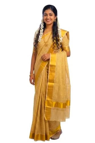 YETTALAN Kerala Traditional Cotton Checked Sari with Gold Jari Blouse 6.25m (20.5 ft) thumbnail 1
