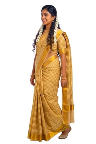 YETTALAN Kerala Traditional Cotton Checked Sari with Gold Jari Blouse 6.25m (20.5 ft) thumbnail 7