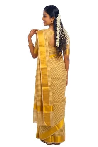 YETTALAN Kerala Traditional Cotton Checked Sari with Gold Jari Blouse 6.25m (20.5 ft) thumbnail 2