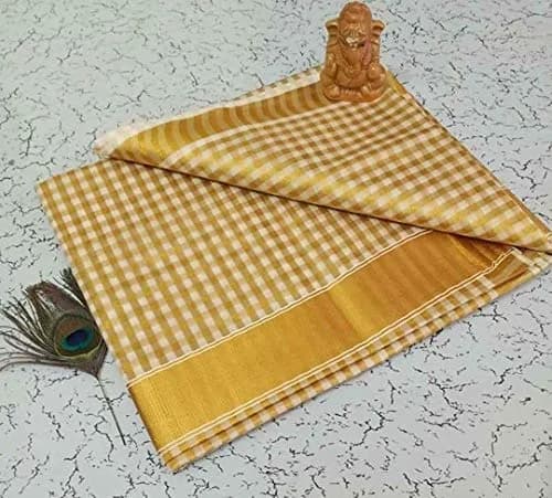 YETTALAN Kerala Traditional Cotton Checked Sari with Gold Jari Blouse 6.25m (20.5 ft) thumbnail 3