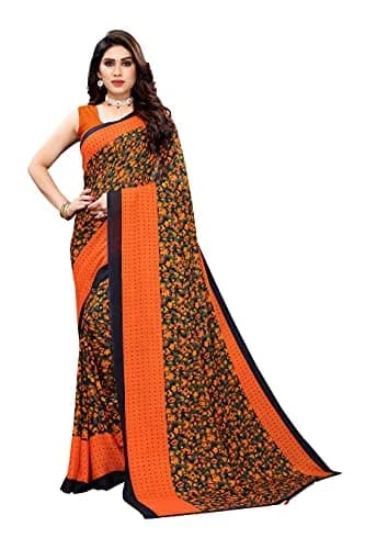 Yashika Women's Georgette Print Saree with Unstitched Blouse Piece (Orange, Free Size) | Floral Pattern thumbnail 1