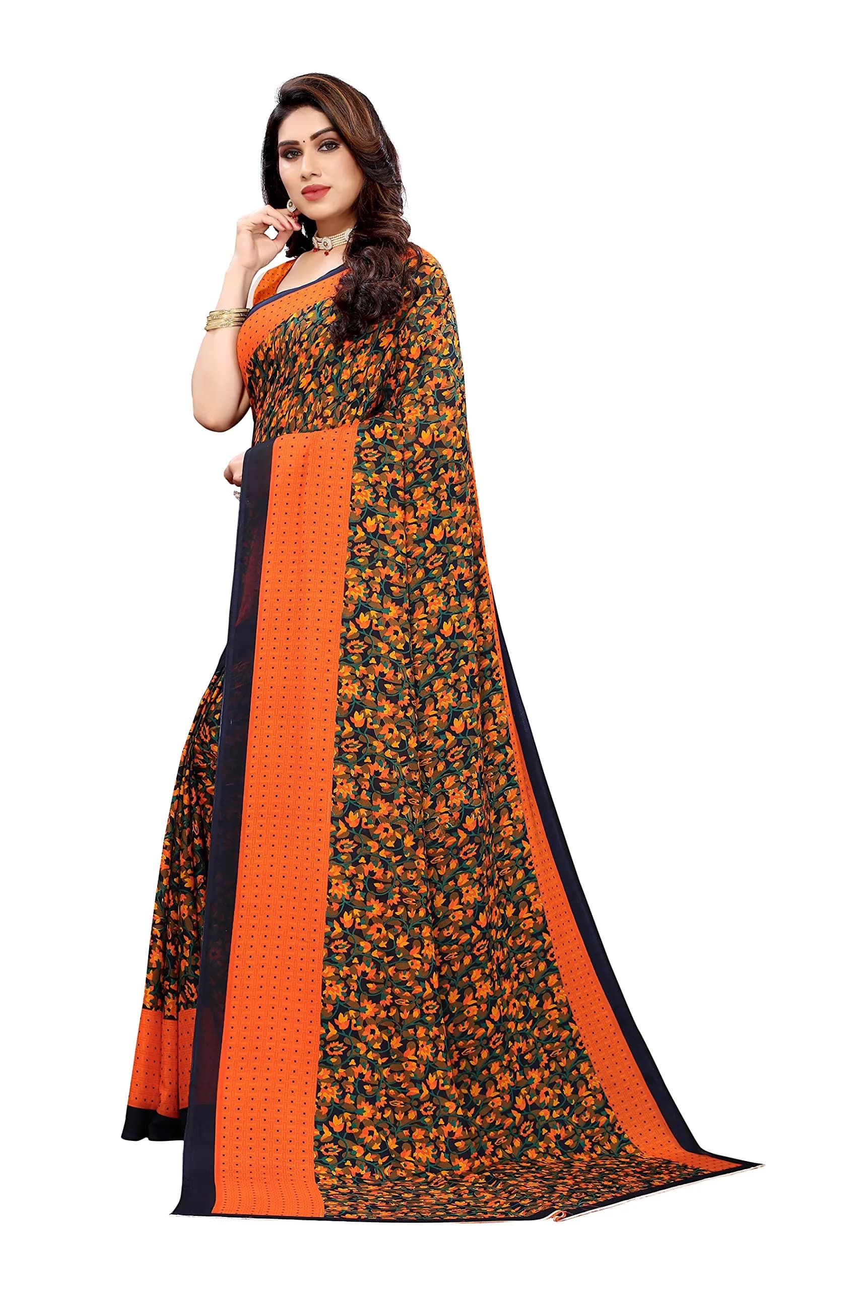 Yashika Women's Georgette Print Saree with Unstitched Blouse Piece (Orange, Free Size) | Floral Pattern - view 2