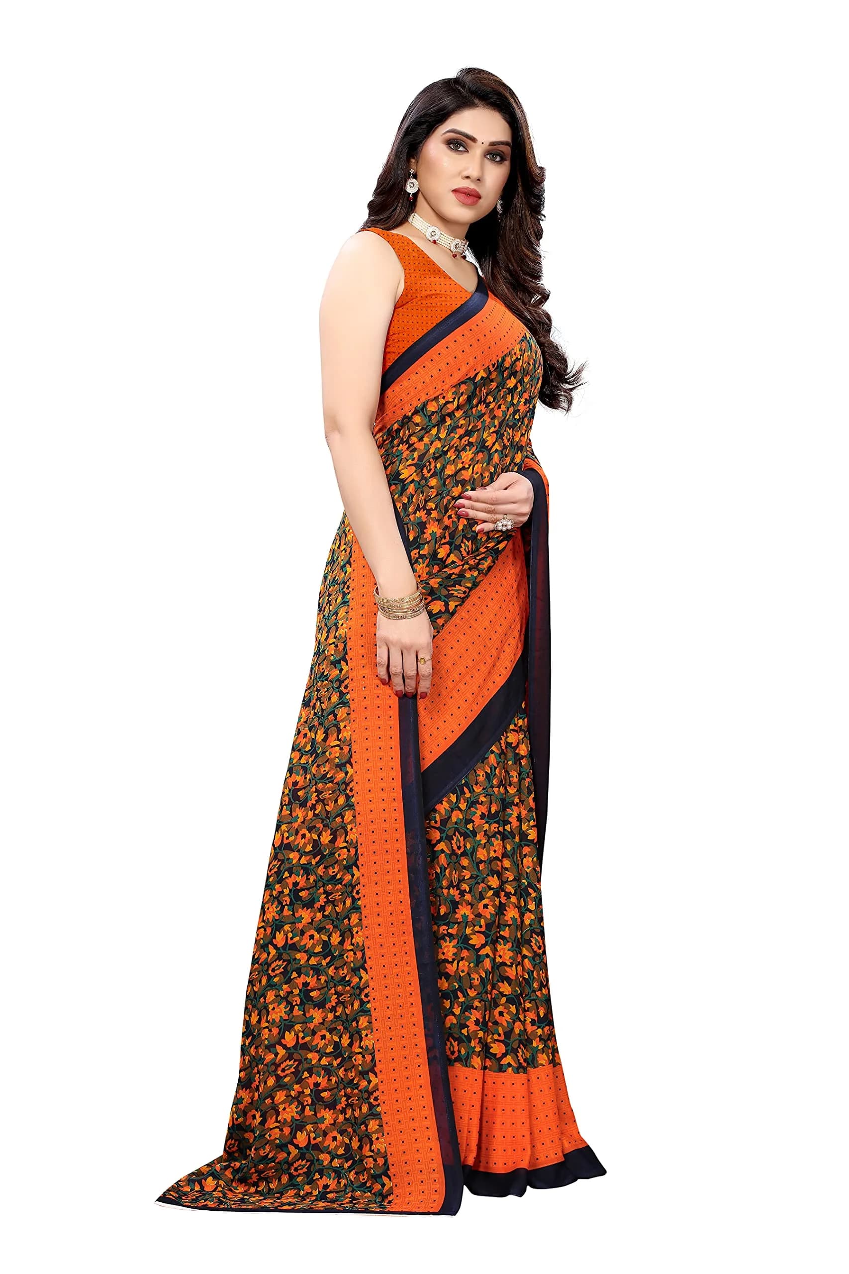 Yashika Women's Georgette Print Saree with Unstitched Blouse Piece (Orange, Free Size) | Floral Pattern - view 3