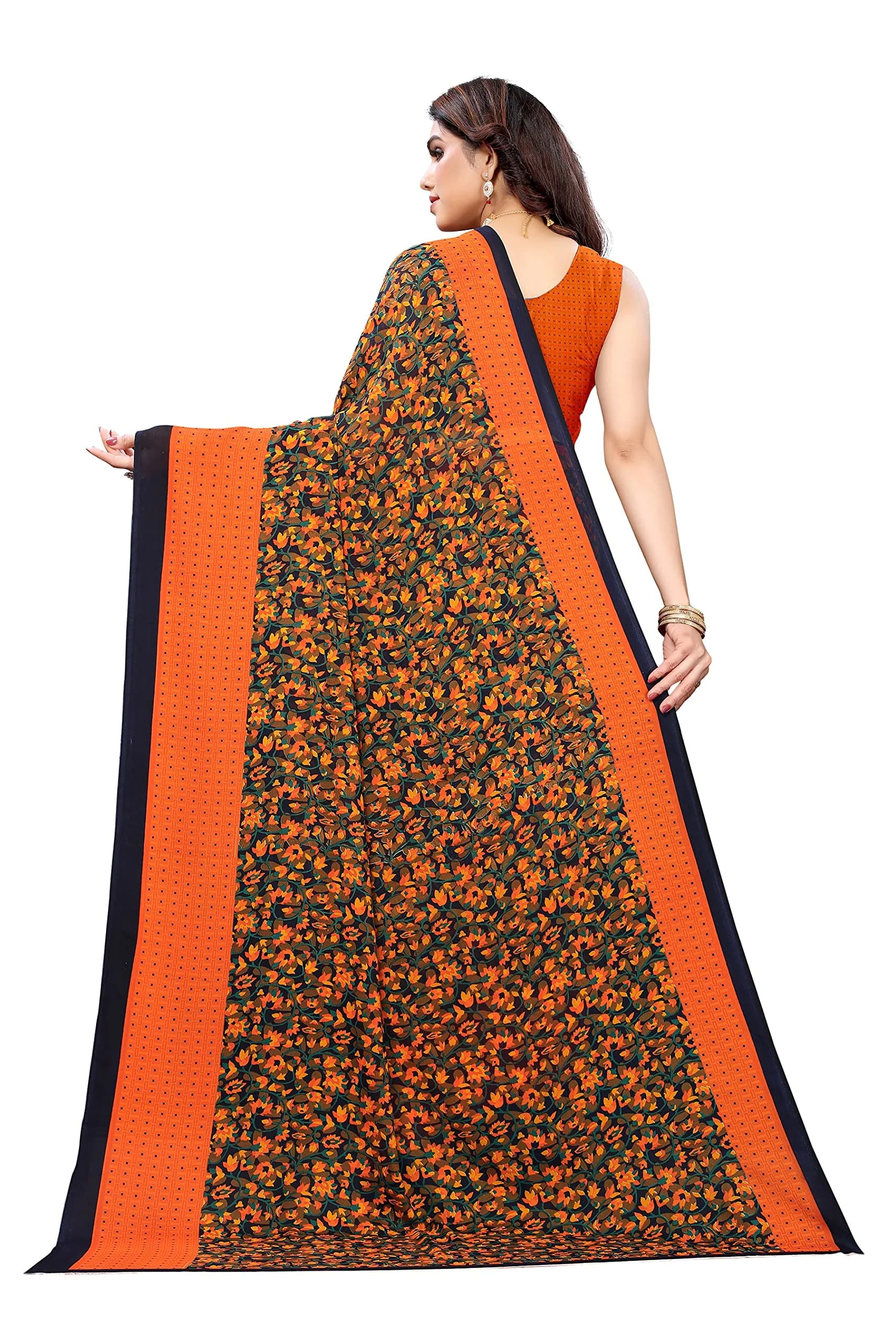 Yashika Women's Georgette Print Saree with Unstitched Blouse Piece (Orange, Free Size) | Floral Pattern - view 4