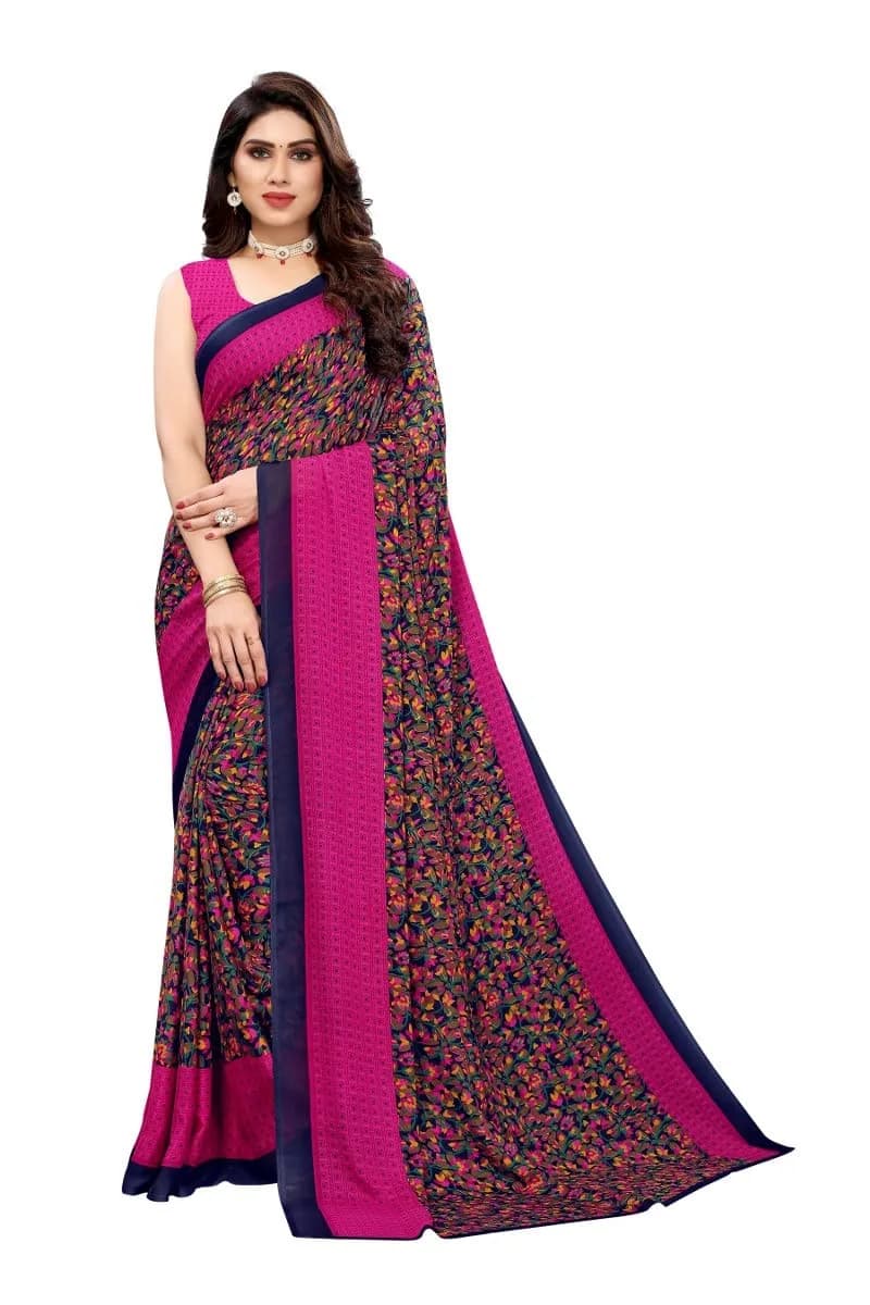 Yashika Georgette Print Saree with Unstitched Blouse (Namrata Rose), Pink, 5.5m Saree + 0.8m Blouse