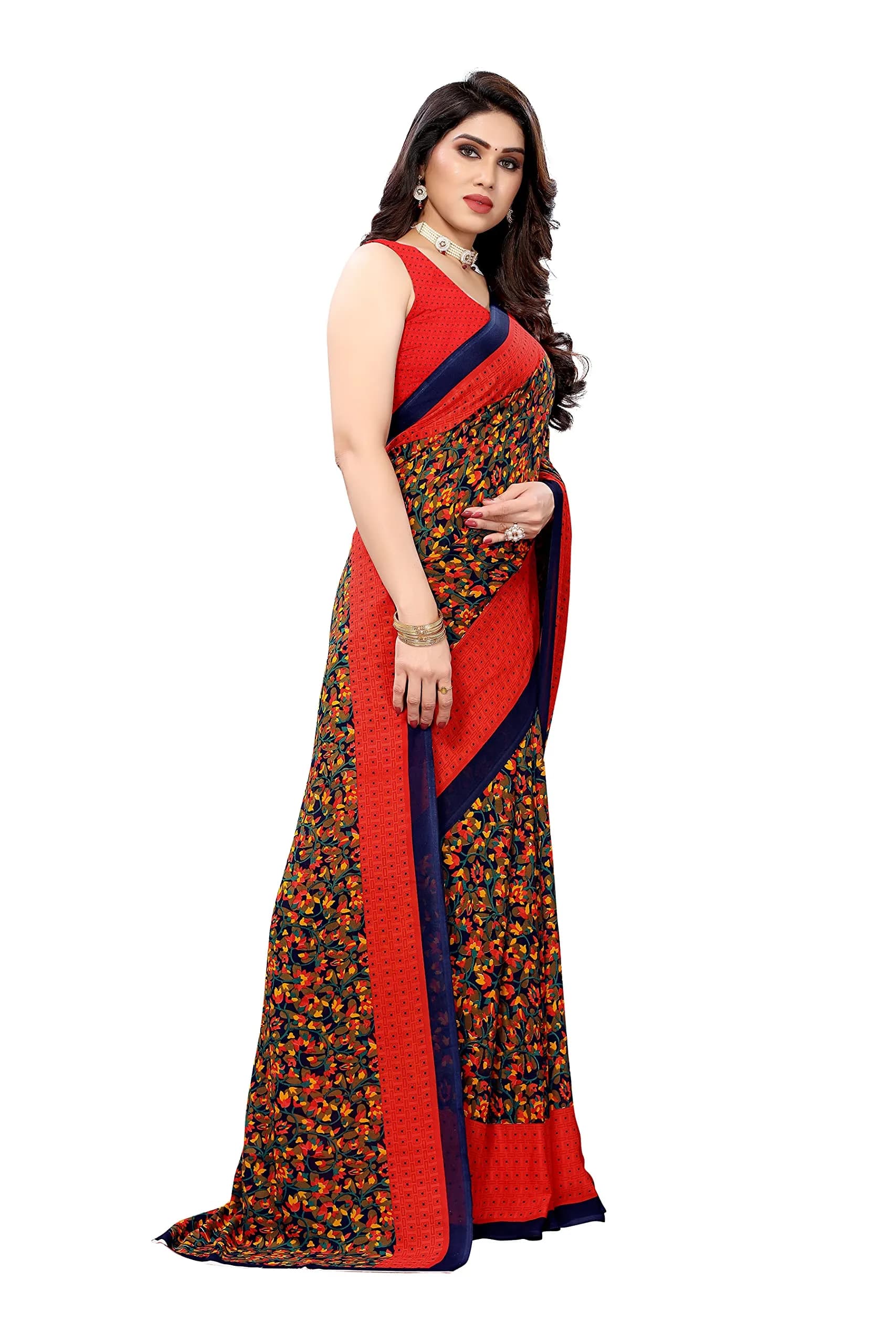 Yashika Women's Georgette Print Saree with Blouse (Namrata Rouge), Red, 5.5m (18 ft) | Imported Authentic Indian Wear - view 4
