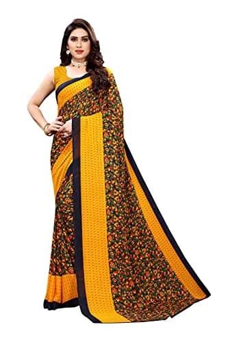 Yashika Women's Georgette Print Saree with Blouse - Yellow, 5.5m (18 ft) Saree + 0.8m (2.6 ft) Blouse thumbnail 1