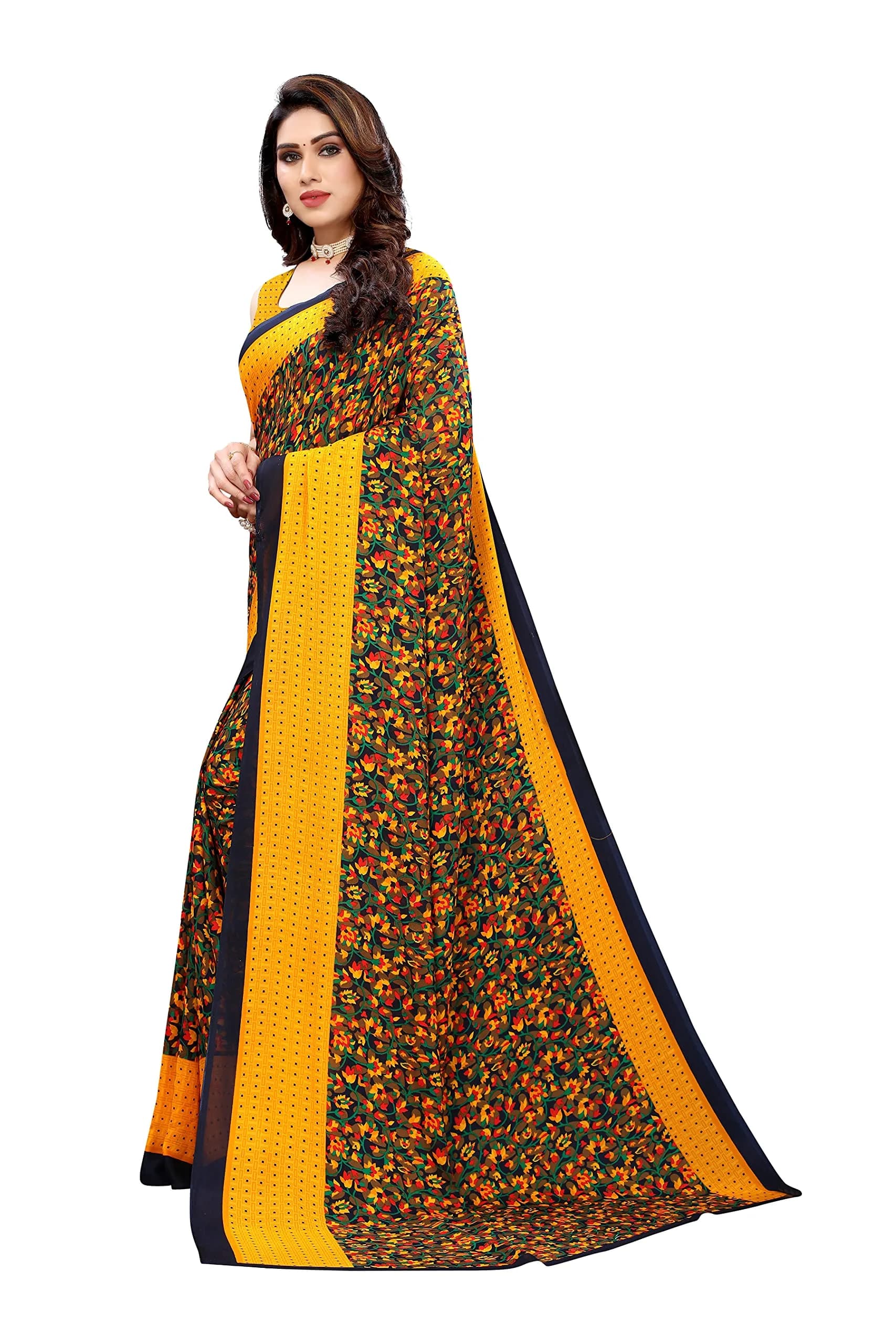 Yashika Women's Georgette Print Saree with Blouse - Yellow, 5.5m (18 ft) Saree + 0.8m (2.6 ft) Blouse - view 2