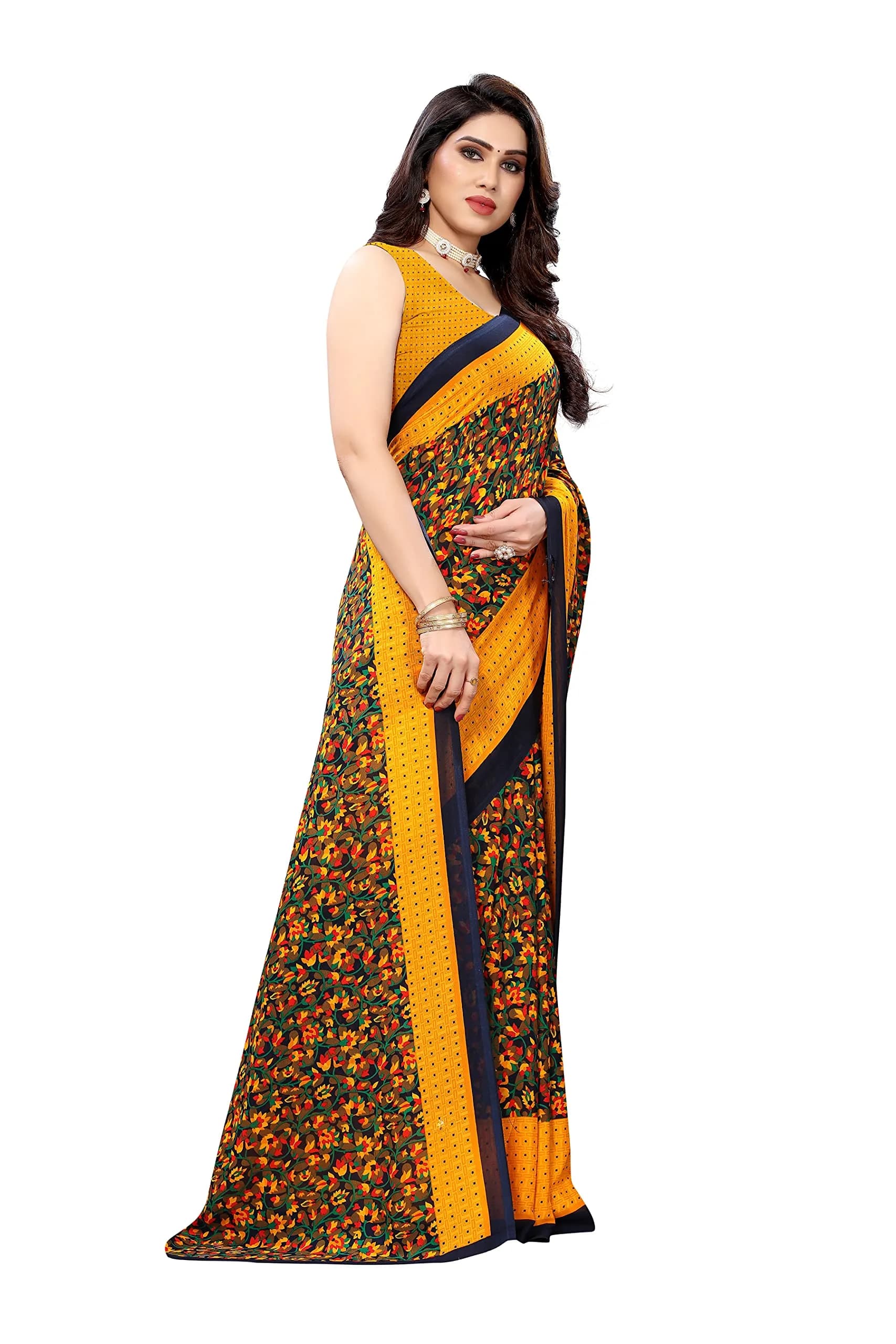 Yashika Women's Georgette Print Saree with Blouse - Yellow, 5.5m (18 ft) Saree + 0.8m (2.6 ft) Blouse - view 3