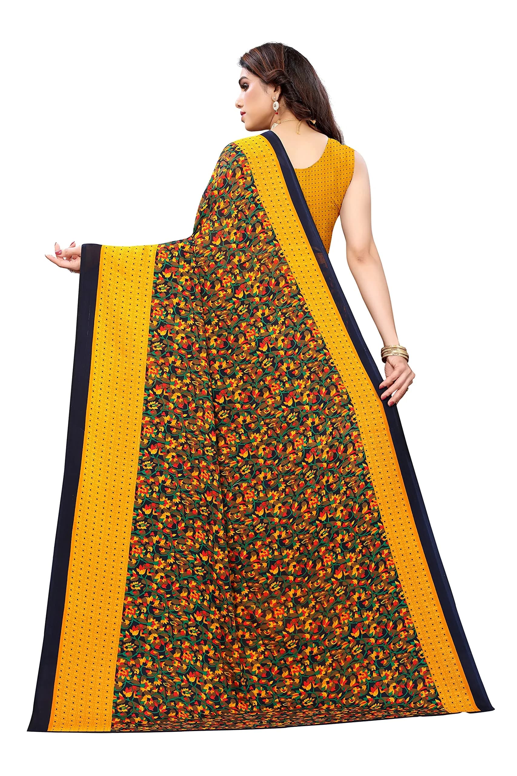 Yashika Women's Georgette Print Saree with Blouse - Yellow, 5.5m (18 ft) Saree + 0.8m (2.6 ft) Blouse - view 4