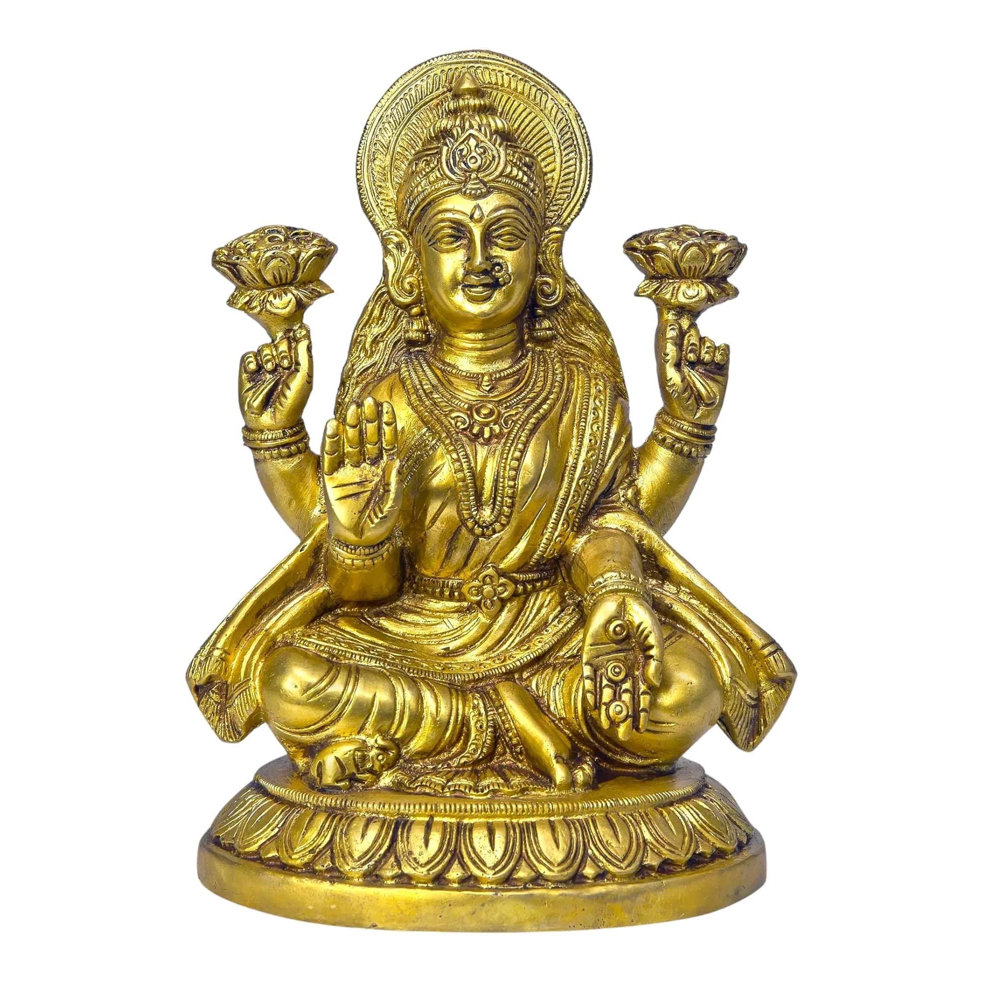 Radhika Poojan Bhandar Brass Shri Maha Lakshmi Idol 10.16cm (4 Inch Height) | Antique Finish Deity Figurine — Gold