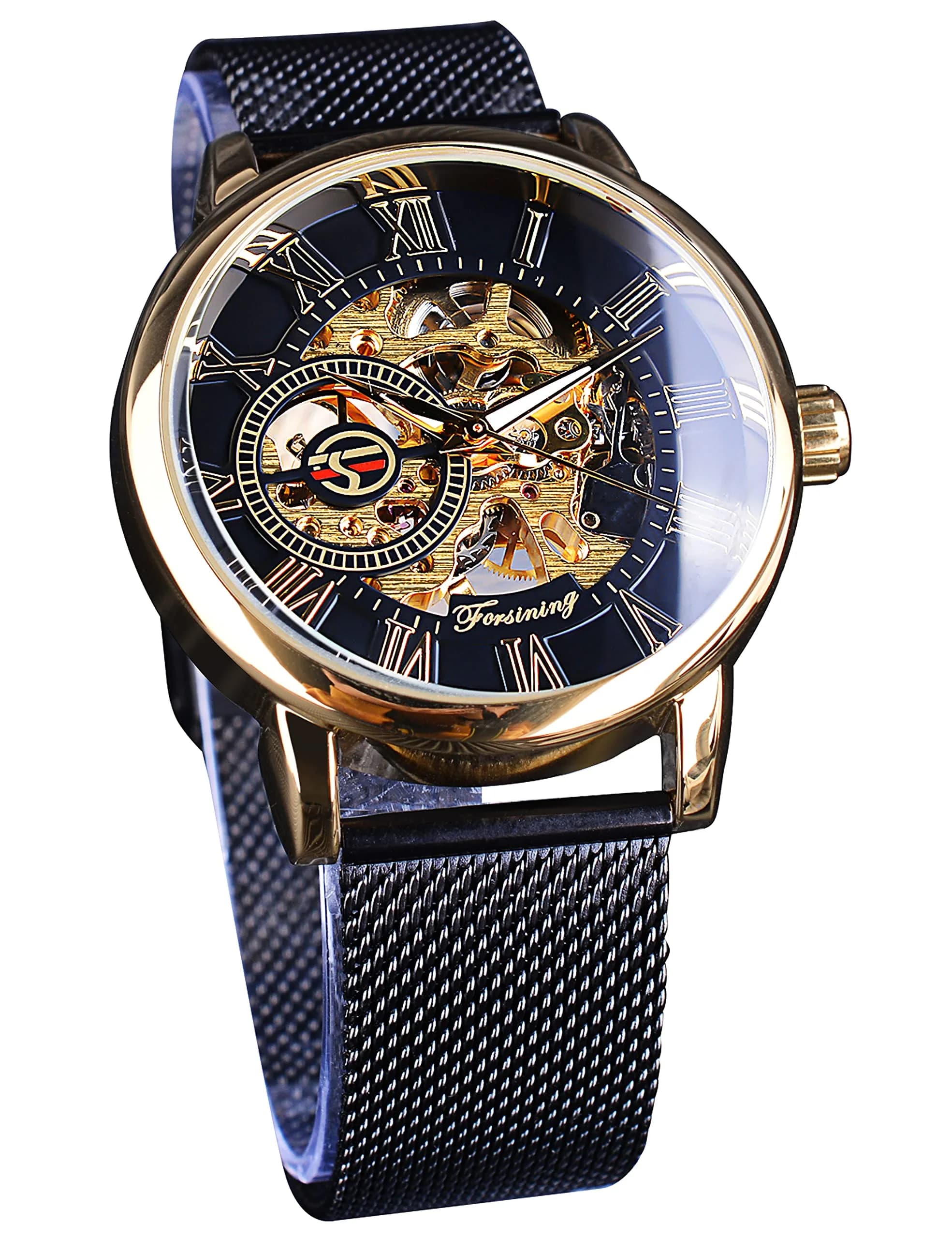 FORSINING Steampunk Mechanical Watch for Men | 37mm Case, Skeleton Dial, Mesh Band