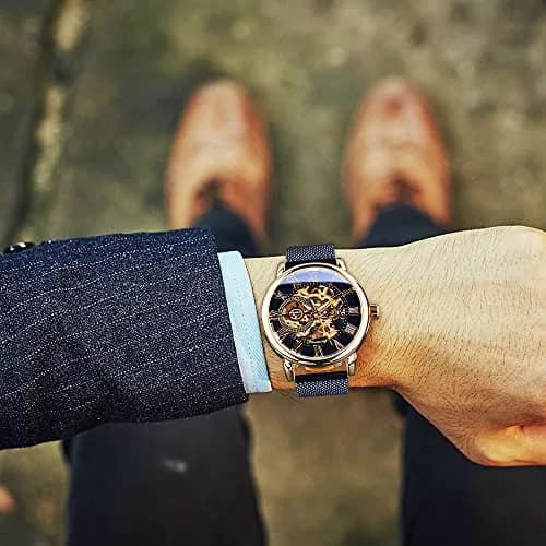 FORSINING Steampunk Mechanical Watch for Men | 37mm Case, Skeleton Dial, Mesh Band thumbnail 2