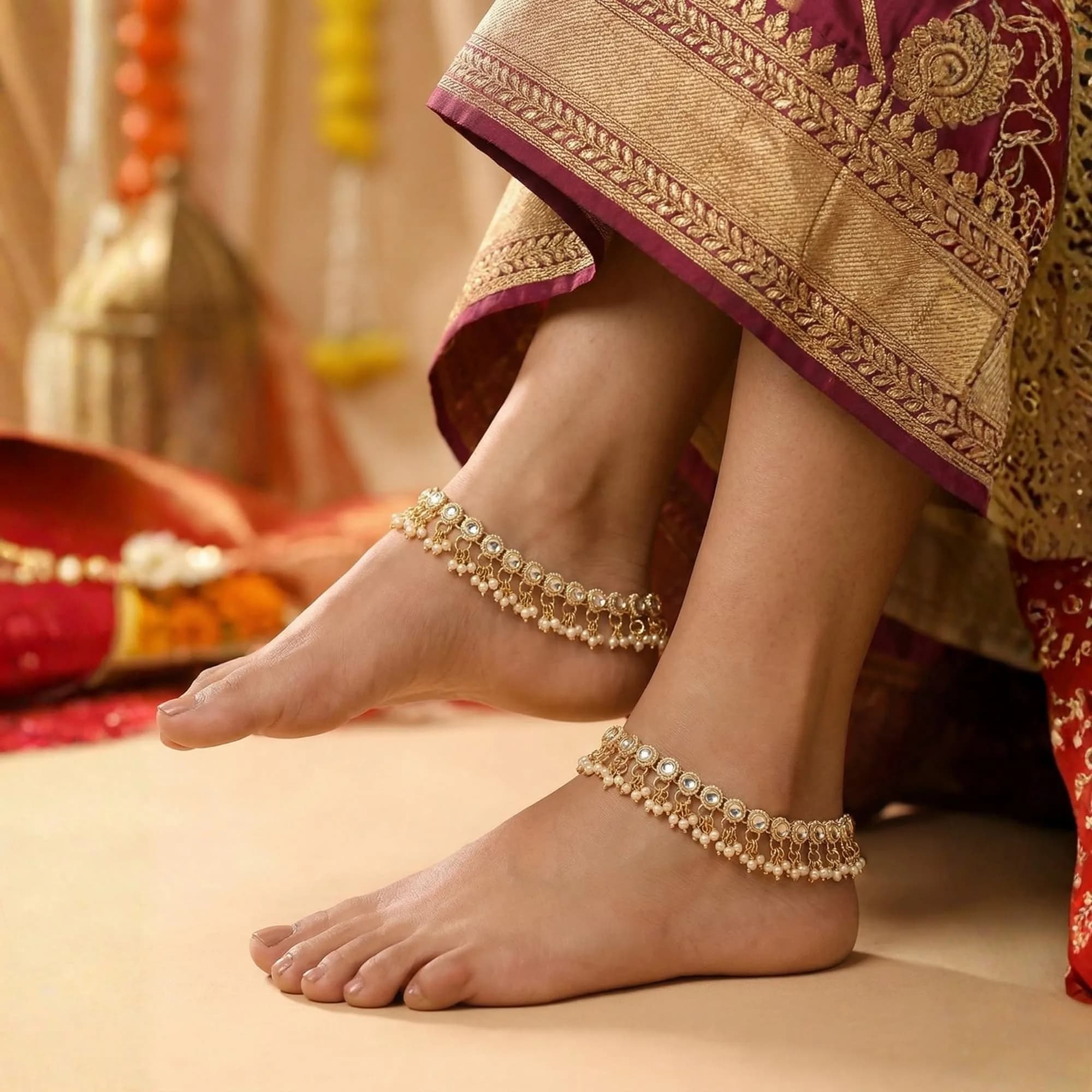 I Jewels Gold Plated Kundan Anklets for Women | 25cm (9.84 inches) - view 2