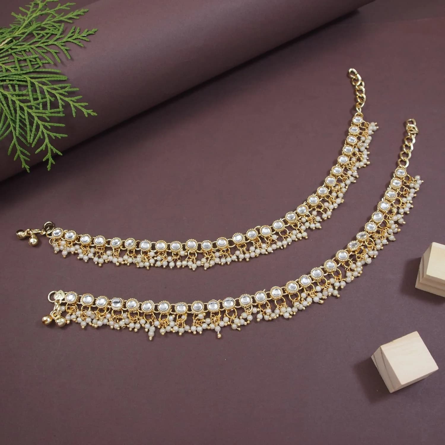 I Jewels Gold Plated Kundan Anklets for Women | 25cm (9.84 inches) - view 3