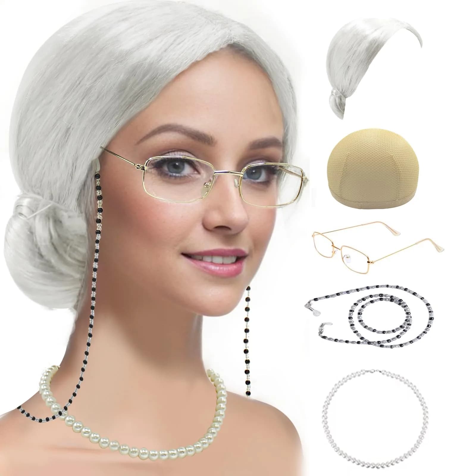 Cupohus Old Lady Costume Set Grandma Wig Granny Wig Cap Madea Granny Glasses Eyeglass Chains Cords Faux Pearl Bead Necklace (silver white bun) | Cosplay Costume