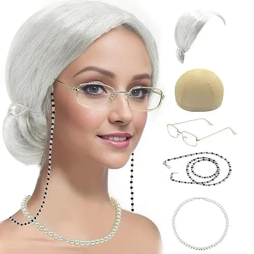 Cupohus Old Lady Costume Set Grandma Wig Granny Wig Cap Madea Granny Glasses Eyeglass Chains Cords Faux Pearl Bead Necklace (silver white bun) | Cosplay Costume thumbnail 1