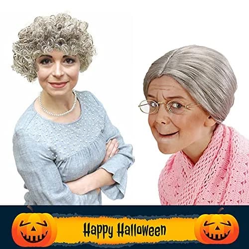 Cupohus Old Lady Costume Set Grandma Wig Granny Wig Cap Madea Granny Glasses Eyeglass Chains Cords Faux Pearl Bead Necklace (silver white bun) | Cosplay Costume thumbnail 5
