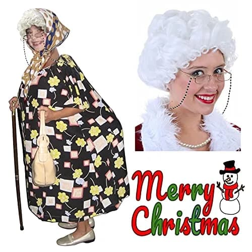 Cupohus Old Lady Costume Set Grandma Wig Granny Wig Cap Madea Granny Glasses Eyeglass Chains Cords Faux Pearl Bead Necklace (silver white bun) | Cosplay Costume thumbnail 7
